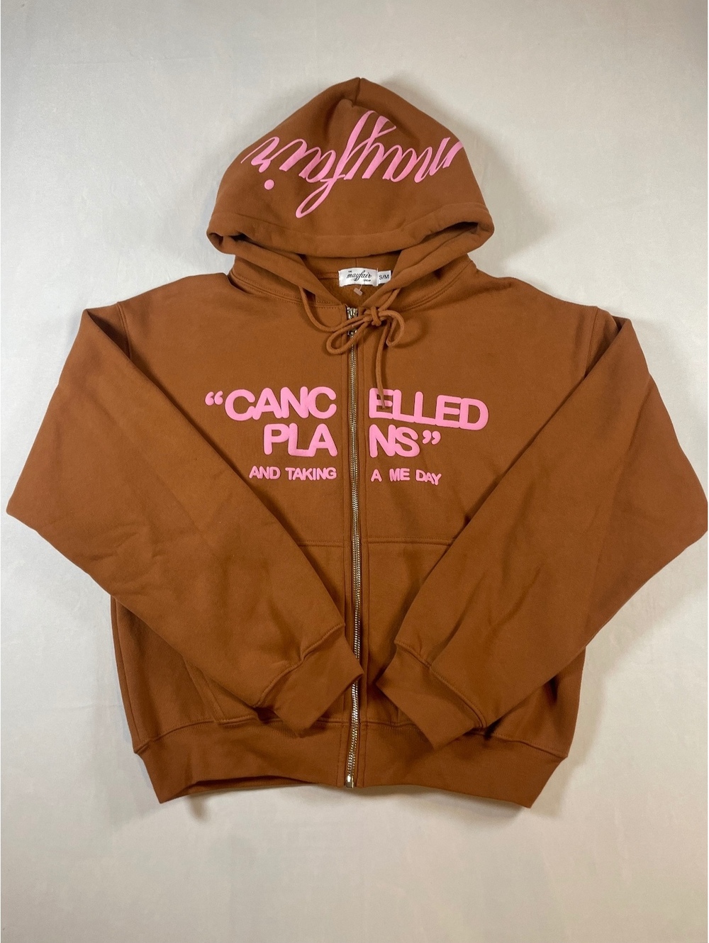 The Mayfair Group Cancelled Plans Brown Zip Up Hoodie Size S/M Pink Graphic